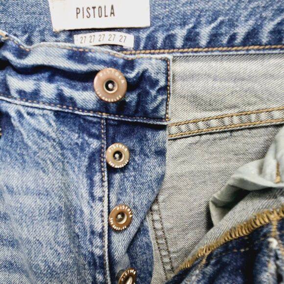 NWOT PISTOLA DISTRESSED WHISKERED RED WHITE SIDE STRIPE DENIM BLUE JEANS SIZE 27 - Picture 10 of 11